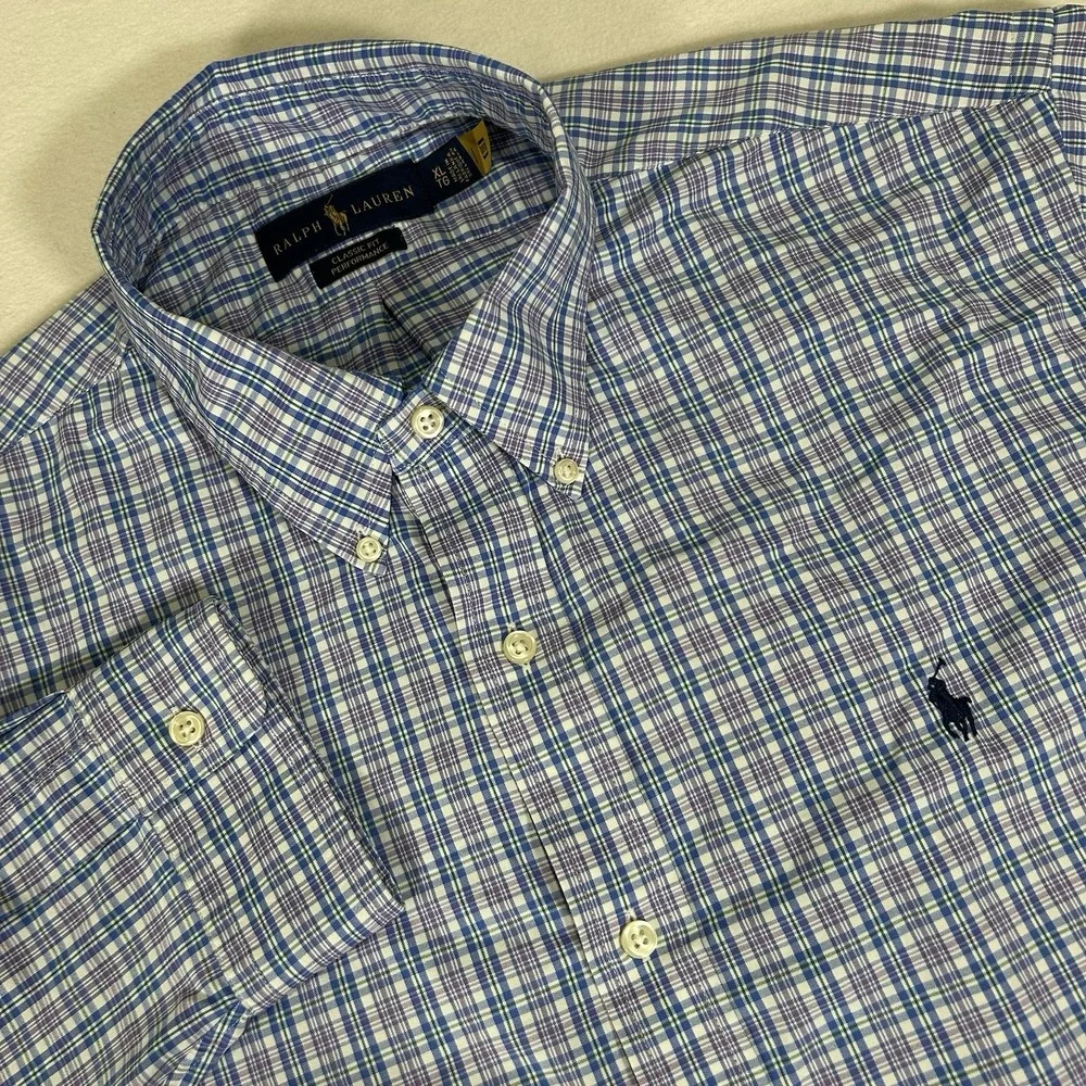 Ralph Lauren Mens XL Blue Purple Plaid Classic Fit‎ Performance Stretch Shirt